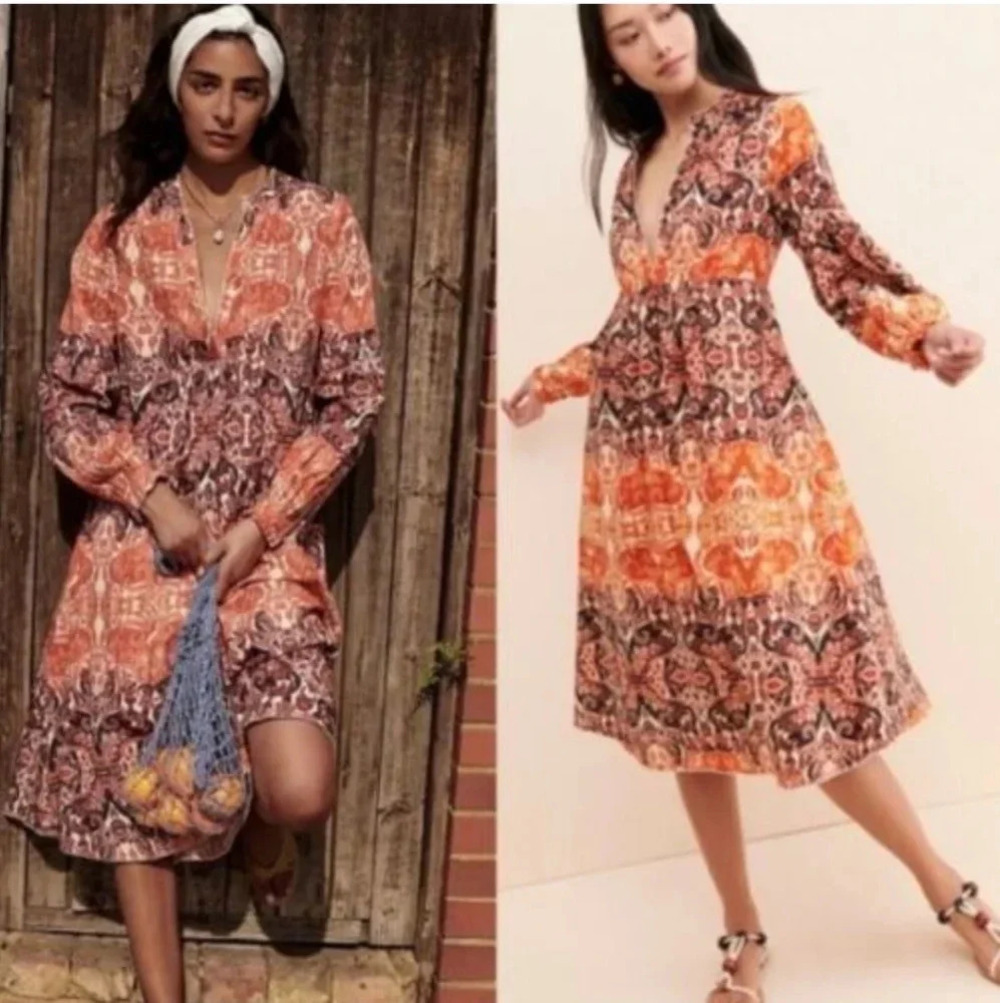 Anthropologie Agua Bendita Elayna Midi Long Sleeve Dress Orange Large Petite